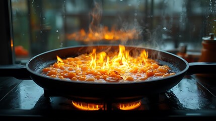 Flaming Orange Spheres Simmer In A Black Pan