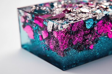 A vibrant resin art piece showcasing teal, pink, and silver glitter embedded within a translucent cube.