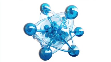 A 3D molecular model featuring blue spheres and connecting rods, representing atomic structure and scientific concepts.