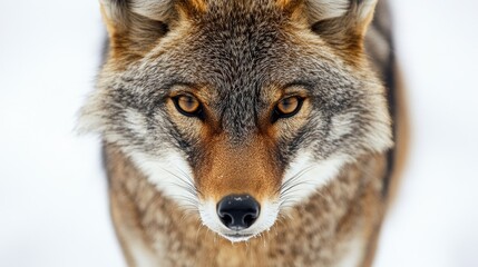 Fototapeta premium Majestic Close-Up Portrait of a Coyote in a Snowy Landscape Showcasing Intense Gaze, Sharp Features, and Beautiful Fur Pattern in a Natural Setting
