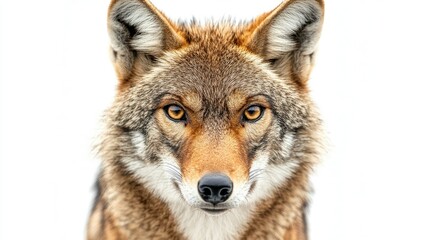Fototapeta premium Captivating Close-Up of a Coyote with Intense Eyes and Distinctive Fur Pattern Against a Pure White Background for Nature and Wildlife Enthusiasts