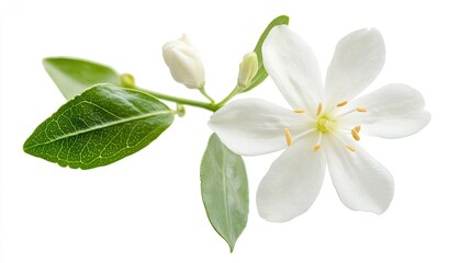 Delicate White Jasmine Flower with Buds and Green Leaves Isolated on White Background Showcasing the Beauty of Nature's Floral Design