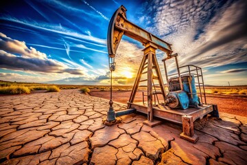 Fototapeta premium Macro Photography: Oil Pump Jack in Rural Landscape, Close-up Details of Industrial Machinery in Remote Setting, Energy Extraction Equipment