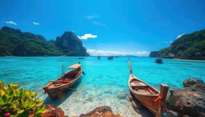 Obraz premium Serene tropical beach with clear turquoise water and traditional boats.