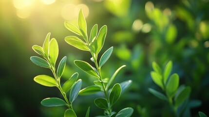 Obraz premium Sunlight illuminating vibrant green leaves of a plant, close-up shot.