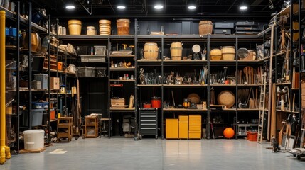 A well-organized storage room filled with various props, tools, and equipment on metal shelves.
