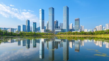 Fototapeta premium A city skyline with tall buildings reflected in a calm pond, surrounded by greenery. Sunny day.