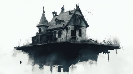 Abandoned and Mysterious Haunted House on a Cliff Surrounded by Fog and Shadows Evoking Eerie Atmosphere and Intriguing Ghost Stories