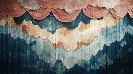 Grunge textured curtain backdrop with faded colors and layered fabric.