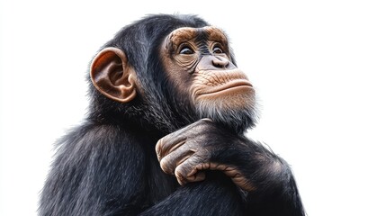 Fototapeta premium Thoughtful Chimpanzee Portrait with Intense Expression Captured Against a White Background, Showcasing the Wonders of Animal Emotion and Intelligence in Nature Photography