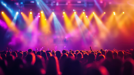 Vibrant concert crowd with colorful stage lights creating energetic atmosphere