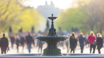 beautiful fountain surrounded by people in vibrant park setting, showcasing nature tranquility and urban life