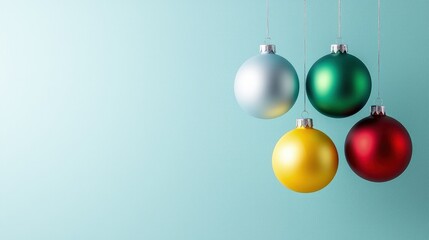 Four colorful Christmas ornaments hanging against a light blue background.