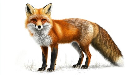 Obraz premium Realistic Illustration of a Red Fox Standing on a White Background, Showcasing Its Distinctive Orange Fur and Playful Expression in Natural Habitat