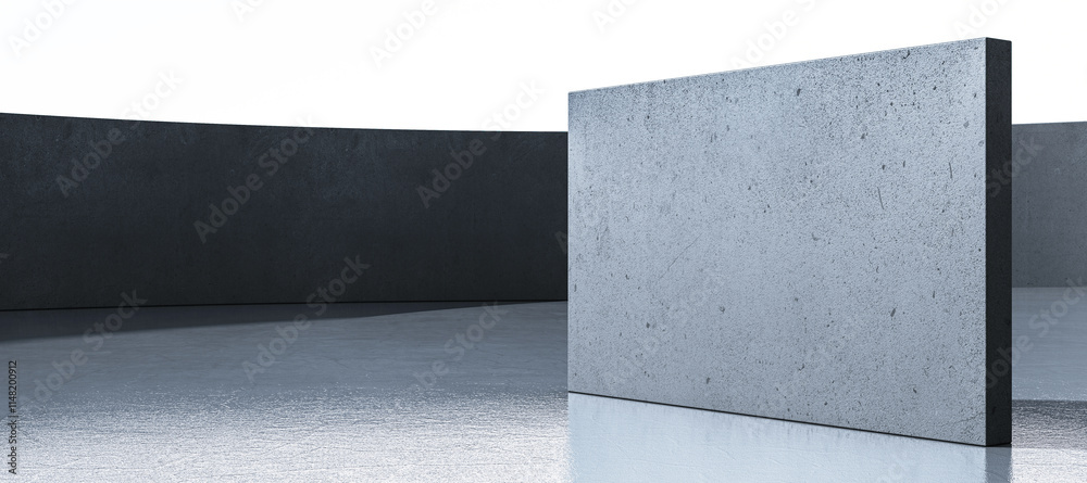 Poster Minimalist concrete walls in an open space with reflective flooring and clean design. 3D Rendering