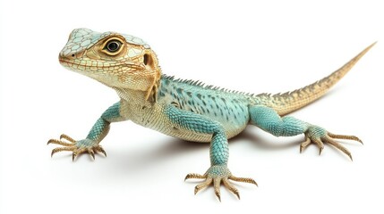 Naklejka premium Detailed Image of a Colorful Lizard with Distinct Patterns, Showcasing Unique Textures and Vivid Colors on its Scales Against a White Background