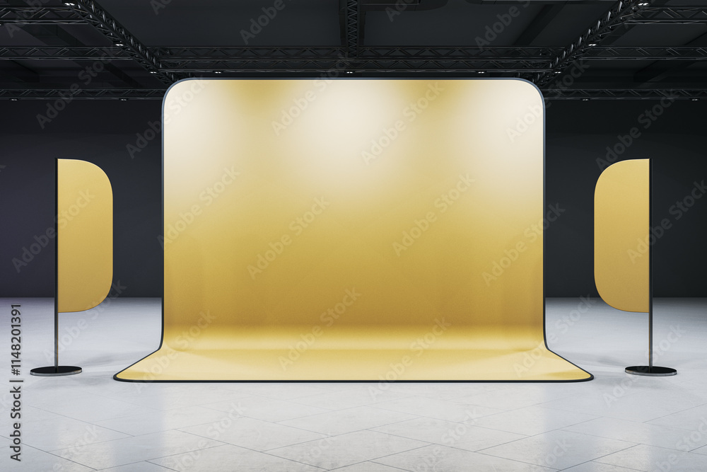 Poster minimalist booth setup with blank yellow panels and black frames in a spacious exhibition hall. 3d r