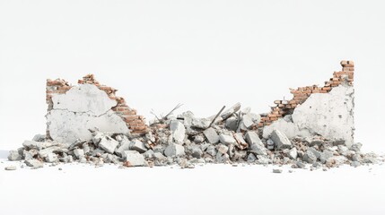 Crumbled and Broken Concrete Wall with Exposed Brick and Rubble Pile on White Background for Construction or Demolition Themes