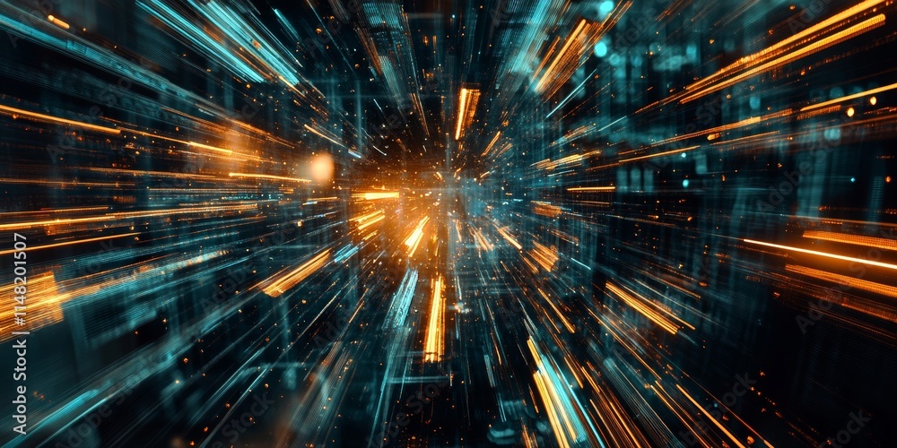 Poster abstract digital background with glowing light trails, representing data flow and technology in a fu