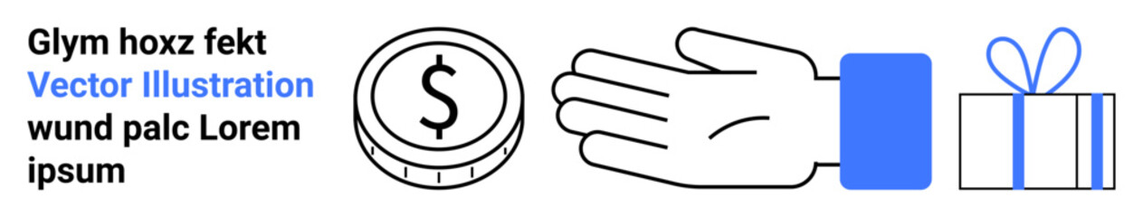 Hand receiving a coin, gift box tied with ribbon symbolize exchange and generosity. Ideal for finance, charity, gifts, transactions, commerce, donations online stores. Landing page
