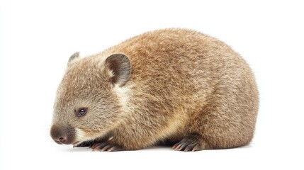 Fototapeta premium Cute and Adorable Wombat Sitting Calmly on a White Background, Highlighting its Soft Fur and Distinctive Features for Nature and Wildlife Photography Collections