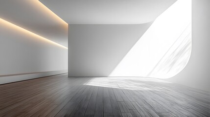 Obraz premium Clean white painted wall, wooden floor planks. Dramatic spotlight from above creates natural shadow gradient in empty room, showcasing modern design space and textured surface.
