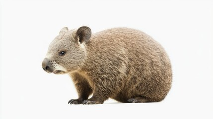 Fototapeta premium Cute and Adorable Wombat Facing Left on White Background with Fluffy Fur, Small Ears, and Round Body Capturing the Essence of Wildlife and Nature Photography