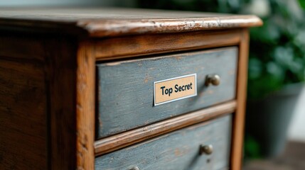 Vintage wooden cabinet with a "Top Secret" label on one drawer.