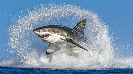 Fototapeta premium great white shark leaps from ocean, creating splash of water. This powerful predator showcases its strength and agility