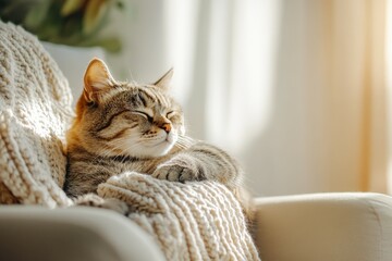 Young playful Russian Blue cat relaxing indoors on a sunny morning. Gorgeous blue-gray cat with green eyes. Family pet at home.. Beautiful simple AI generated image