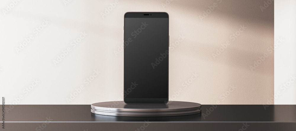 Aufkleber Smartphone with blank screen on circular stand and neutral background for presentation or design mockup template. 3D Rendering