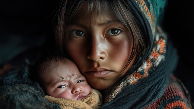 A fragile girl, Maria Jos, protects her newborn, her expression reflecting fear and resilience in a softly lit environment