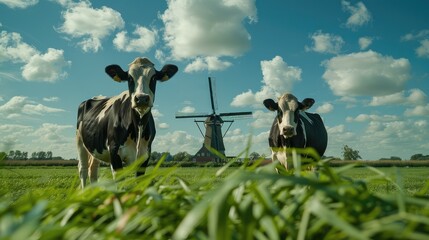 Two Holstein cows enjoy grazing in the lush green fields of the Netherlands, framed by a classic windmill and dotted with fluffy clouds