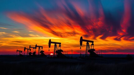 Fototapeta premium Sunset Over Oil Pumps in a Dramatic Sky, Capturing the Beauty of Nature and Industry in an Orange and Blue Horizon at Dusk