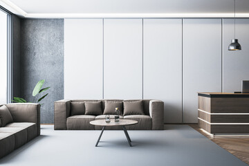 Modern waiting area with sofas, coffee table, and reception desk in minimalist office interior. 3D Rendering