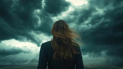 With long hair flowing, a girl stands half-turned, staring at the gathering storm clouds above her, foreshadowing a powerful weather change