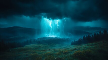 Night Storm Over Mountainous Landscape With Lightning