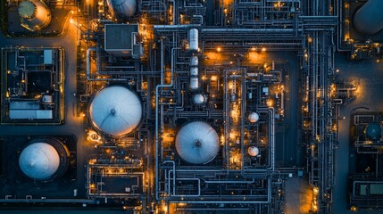 A captivating aerial view showcasing an extensive oil refinery illuminated against the night sky