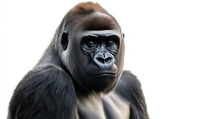 Obraz premium Majestic Close-Up of a Gorilla with Intense Expression Against a White Background, Showcasing Its Powerful Features and Natural Beauty in Stunning Detail