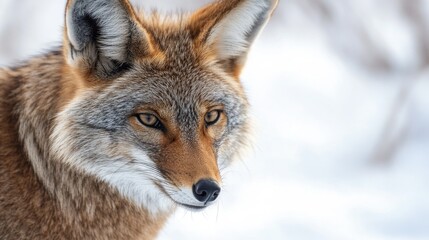 Obraz premium Close-up Portrait of a Majestic Wild Fox with Striking Features, Capturing the Essence of Nature's Beauty in a Snowy Environment
