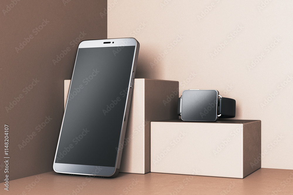 Poster Modern smartphone and smartwatch displayed on beige geometric blocks. 3D Rendering