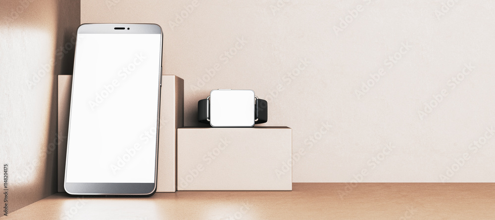 Poster smartphone and smartwatch with blank screens on beige podiums for presentation purposes. 3d renderin