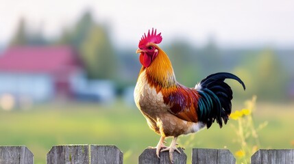 Rooster perched on wooden fence in rural setting at sunrise.