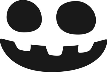 Minimalist black and white vector graphic of a carved pumpkin face, perfect for halloween decorations, featuring large circular eyes and a classic toothy grin