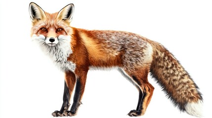Obraz premium Detailed Portrait of a Red Fox Showcasing Its Vibrant Fur and Distinct Features Standing Elegantly Against a Plain White Background