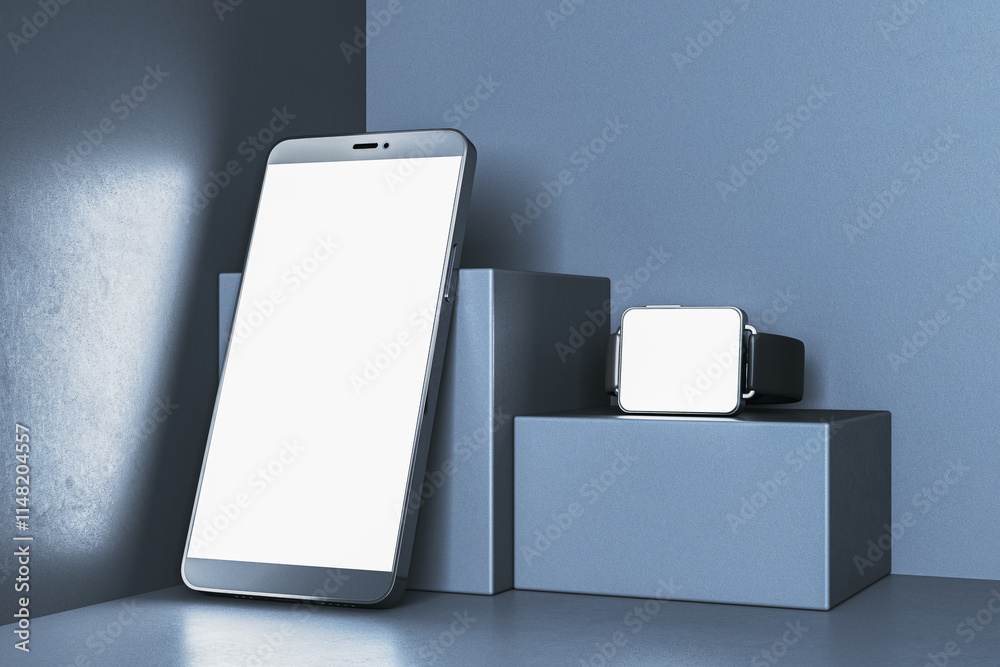 Poster Smartphone and smartwatch with blank screens on modern display stands. 3D Rendering