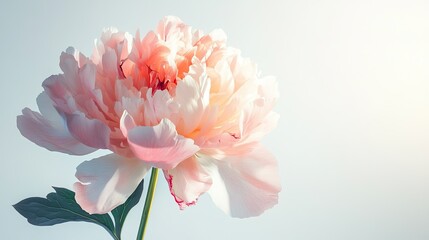 Fototapeta premium Beautiful Soft Pink Peony Flower Blooming with Delicate Petals and Green Leaves on Light Background, Perfect for Nature and Floral Themes in Photography