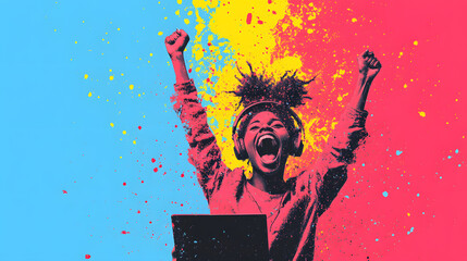 An illustration of an excited Black woman with her hair styled in curls, radiating joy and enthusiasm, capturing the essence of positive energy, celebration, and empowerment in a vibrant and colorful 