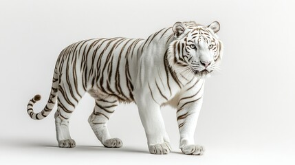Obraz premium Majestic White Tiger Walking Gracefully Against a Minimalistic Background, Showcasing Unique Stripes and Powerful Presence Capturing Natural Beauty and Wild Essence