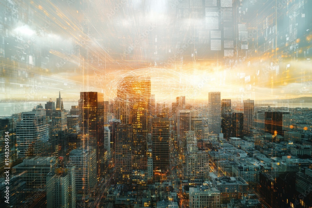 Poster cityscape illuminated by sunset overlaid with digital neural network symbolizing artificial intellig